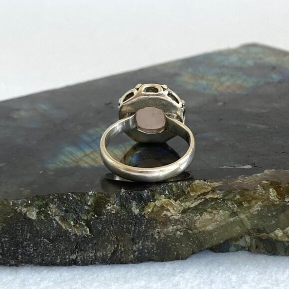 Sterling Silver 925 Round Bezel Set Rose Quartz Cabochon Band Ring Size 6 - Picture 7 of 16